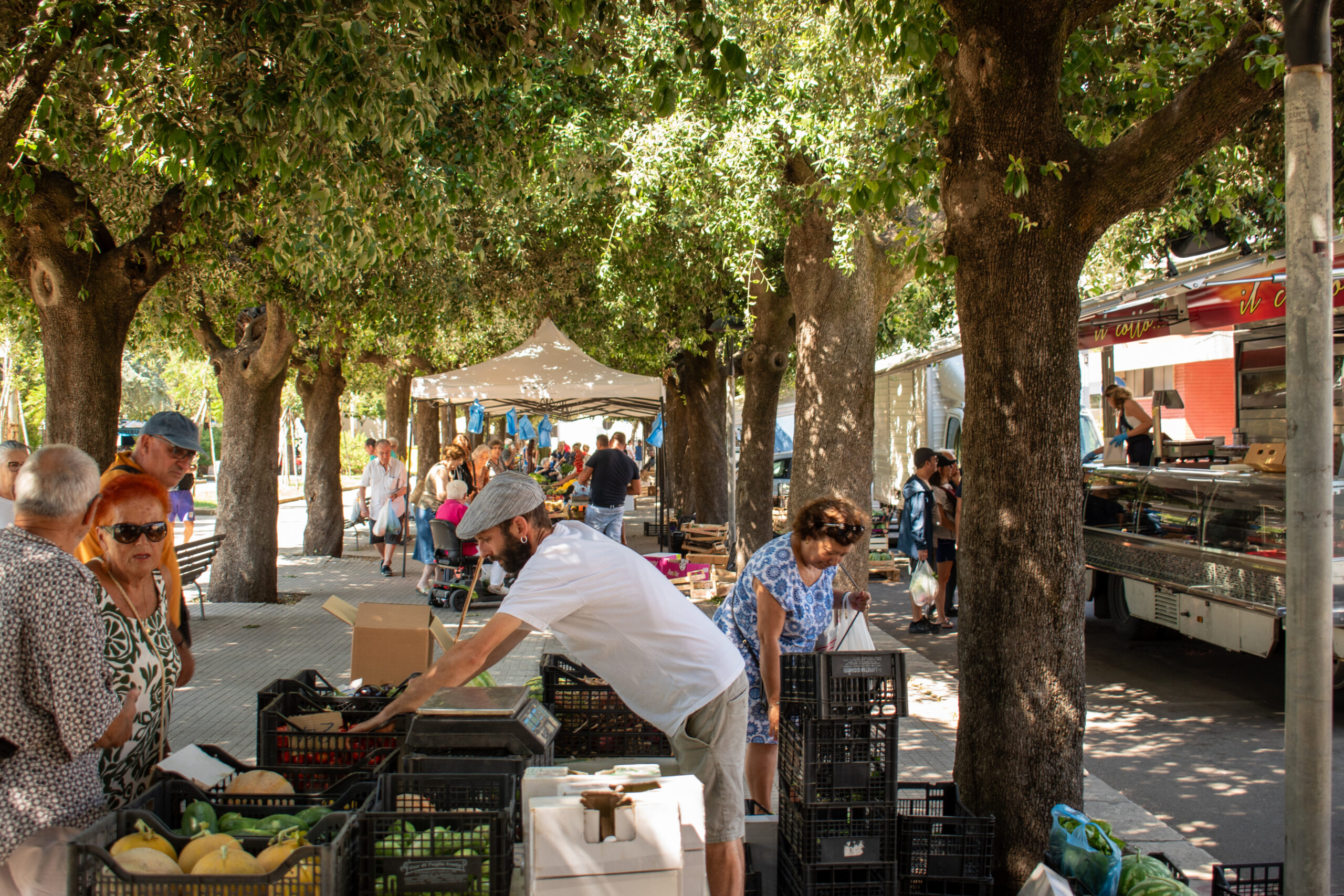 bancarella della frutta durante il mercato settimanale di corigliano